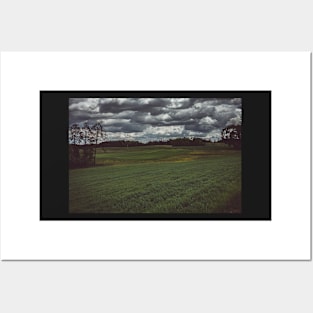 Dark moody sky over meadow and forest Posters and Art